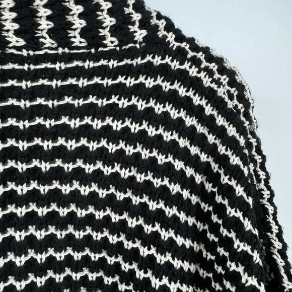 Michael Stars Chunky Cardigan Sweater L Black Cream Open Preppy Cozy Coastal - Picture 4 of 8